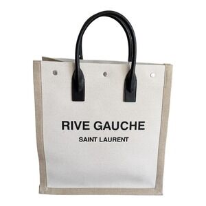 Saint Laurent Rive Gauche Tote Bag Canvas Leather White Beige 632539